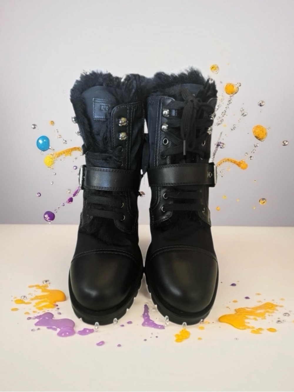 🆕💞Prada Faux Fur Trim Combat / Biker Moto Boots Black Leather & Re-Nylon • 37 EU